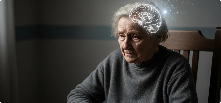 En eldre kvinne sitter i en stol med et bekymret uttrykk, mens en glødende omriss av en hjerne svever over henne, som symboliserer de tidlige tegnene på Parkinsons sykdom.